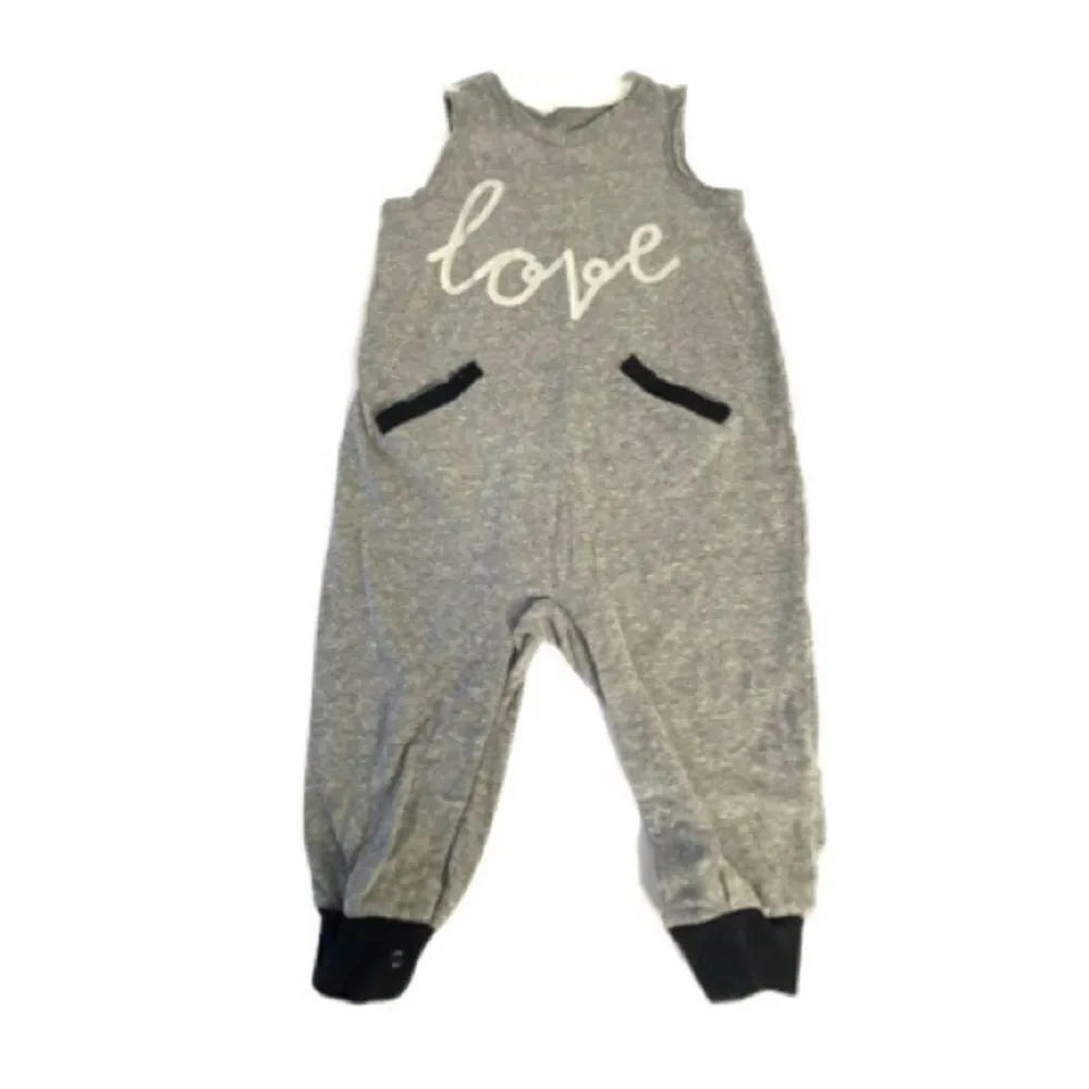 Miniville Romper Infant Gray Sleeveless “Love” Full Length Jumper Size 24 Month - Picture 3 of 11